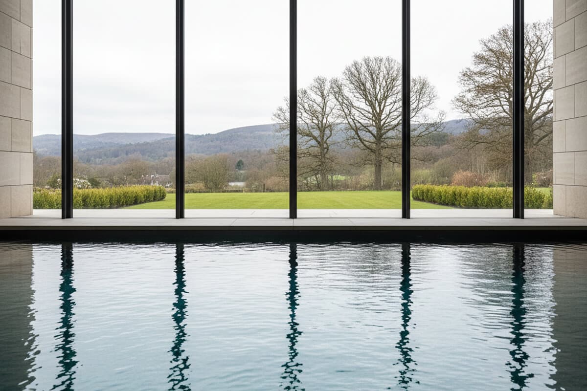 Serene indoor swimming pool at Lake District spa with expansive floor-to-ceiling windows showcasing parkland and gentle fell views, contemporary minimalist architecture with natural stone accents, tranquil water reflections creating peaceful wellness atmosphere