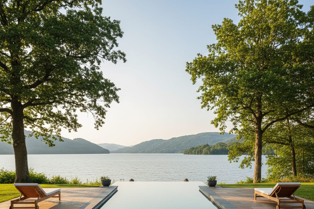 Infinity pool with lake view