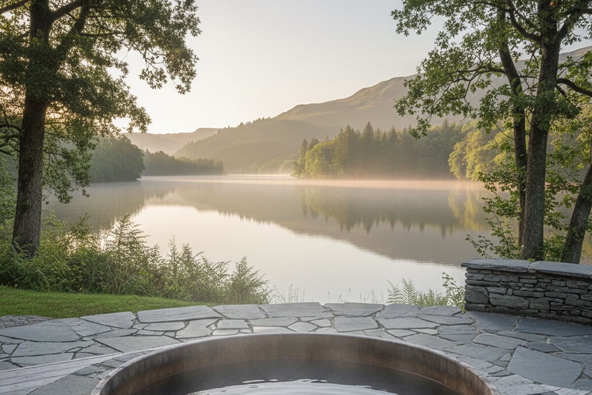 Tranquil morning scene of outdoor hot tub on natural stone terrace overlooking misty Lake District lake, mature oak trees framing view of wooded hillside, serene spa setting capturing romantic atmosphere of Lake District outdoor thermal experiences