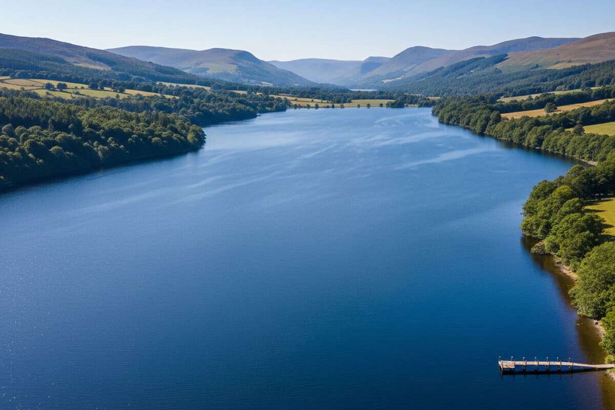 Aerial view of Ullswater stretching between wooded shores and green farmland with a wooden jetty in the foreground, rounded fells and valleys of the eastern Lake District rising under a hazy summer sky