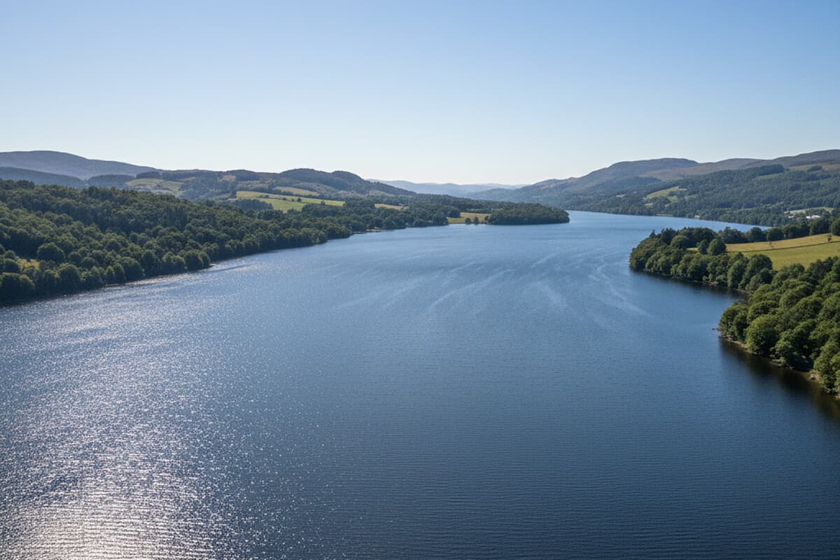 Aerial view looking north along Lake Windermere with sunlight glinting off the deep blue water, wooded shorelines curving into the distance and green Lakeland fells rising beyond on a clear summer afternoon
