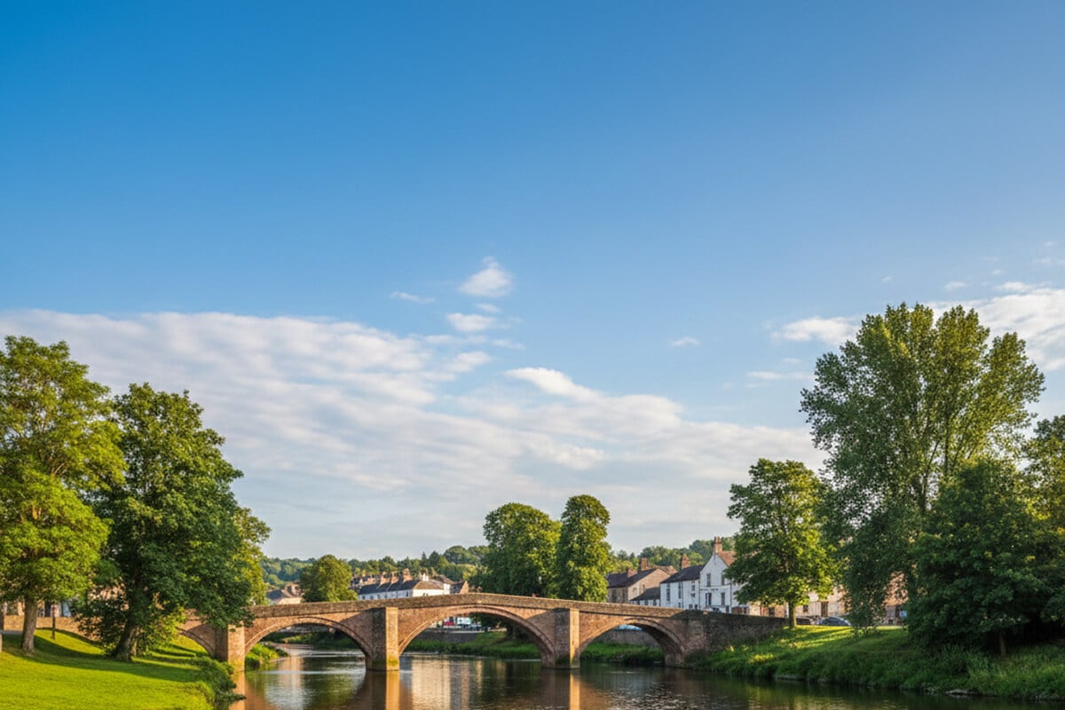 Historic sandstone bridge spanning the River Eden at Appleby-in-Westmorland on a summer evening, with mature trees lining the riverbanks and traditional stone buildings of the market town visible beyond in the Eden Valley