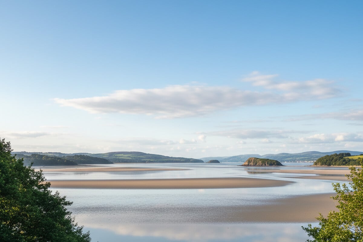 Sweeping view across the sandy channels and tidal flats of Morecambe Bay at low tide from Grange-over-Sands, with gentle green hills and rocky headlands visible across the estuary on a calm evening