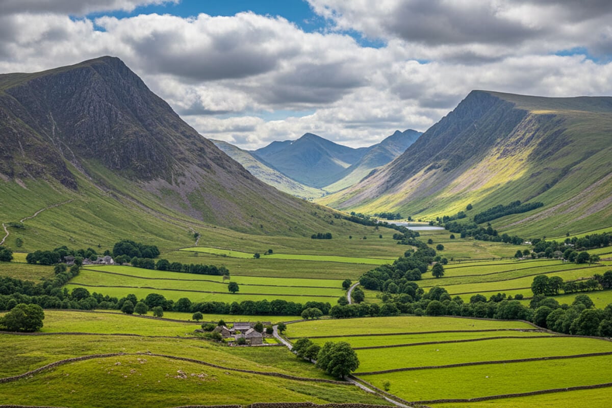 Stunning view down Great Langdale valley with steep craggy fells rising either side, patchwork green fields divided by dry stone walls and scattered farmsteads stretching toward the Langdale Pikes under dramatic clouds
