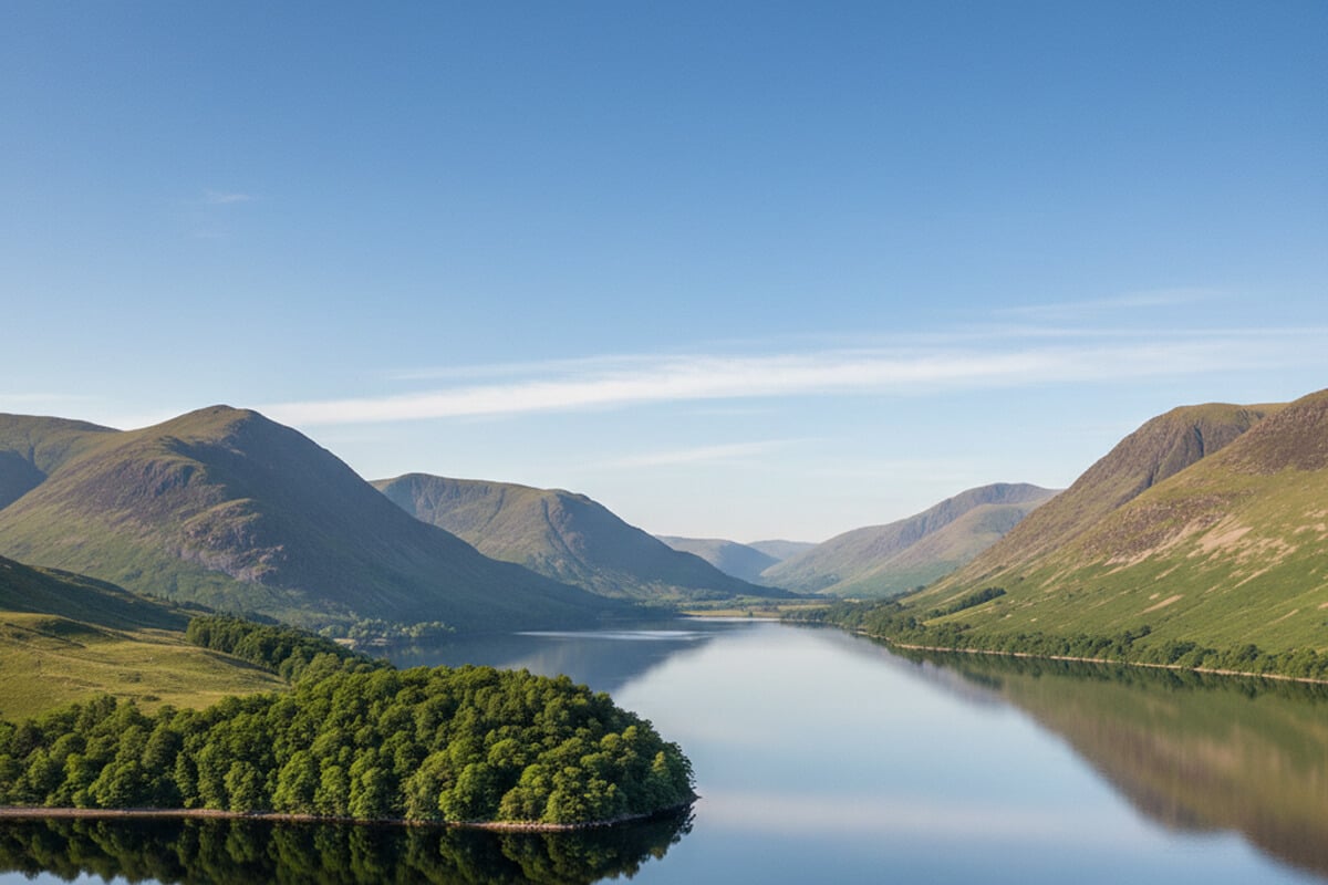 Ullswater stretching into the distance between steep green fells with a wooded headland jutting into the calm blue water, fell reflections mirrored on the still lake surface on a clear summer evening in the Lake District