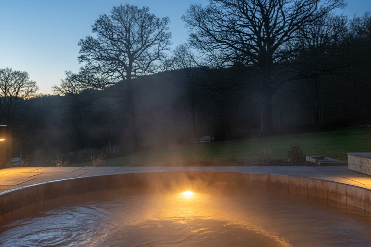 Atmospheric outdoor hot tub at dusk in Lake District with dramatic steam rising, warm golden underwater lighting, tranquil countryside backdrop with mature trees, capturing romantic evening spa experiences in Lake District thermal facilities Indoor pool with countryside view