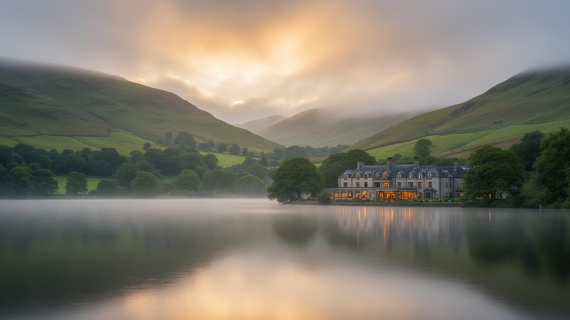 Luxury Lake District spa hotel nestled on tranquil lakeside at dawn with dramatic mountain fells rising through morning mist, warm golden lighting reflecting on still waters, showcasing the stunning natural setting of Lake District spa retreats and wellness destinations in Cumbria
