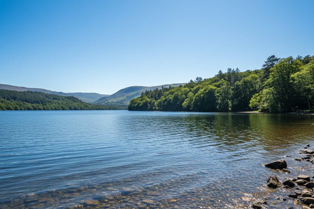Clear water lapping over pebbles on the shore of Ullswater looking across the calm lake toward wooded banks and gentle rounded fells under a bright blue summer sky in the eastern Lake District National Park
